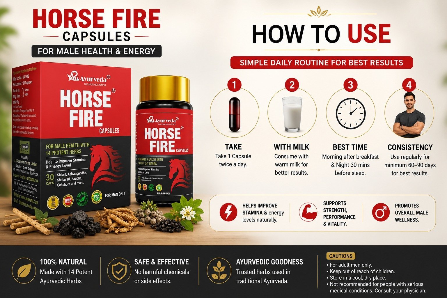 Ayurveda Horse Fire Capsules for Men | Ayurvedic Herbal Supplement with Shilajit, Ashwagandha, Shatavari & Kaunch | 30 Capsules - Image 2